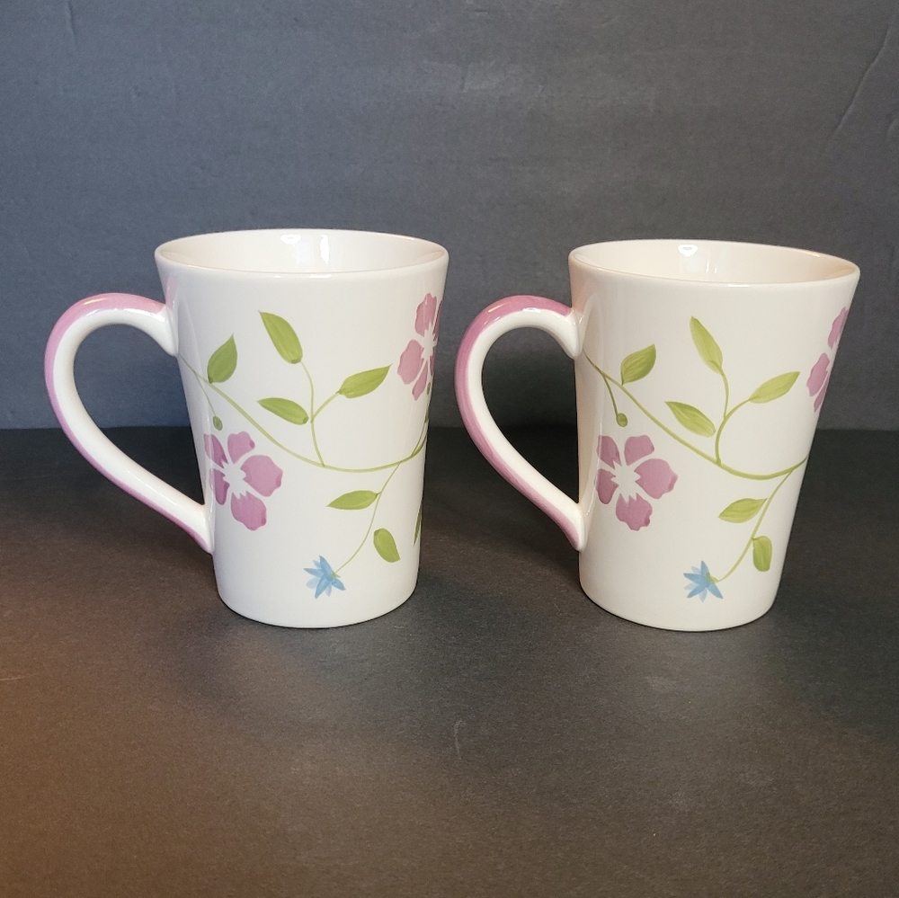 Lovely Handpainted Cream Floral Stoneware Mugs Set of 2 RARE - Picture 10 of 10